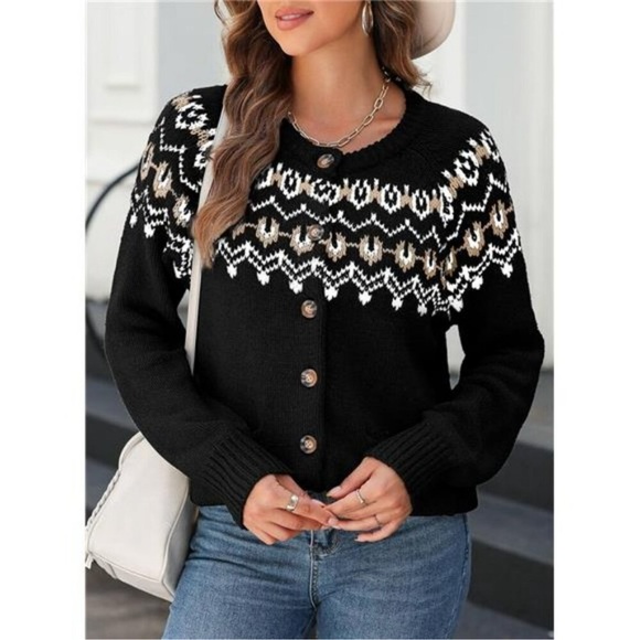 Womens Plus Size Fall Knit Black Fair Isle Sweaters Cardigan Lightweight, S-2X - Picture 3 of 6